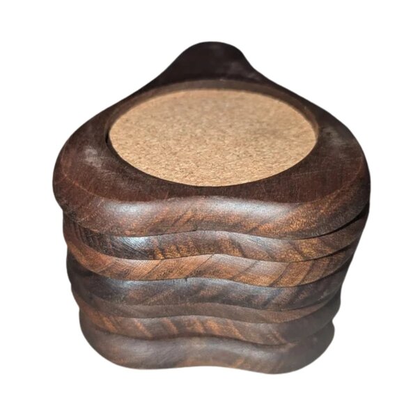 Vintage MCM Handcarved Hardwood Cork Pear Shaped Coasters, Set of 7, 5" x 3.5" - Picture 3 of 11